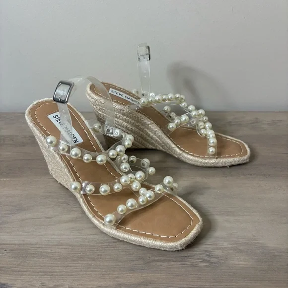 NWOT Steve Madden Upright Vinyl Pearl Studded Strappy Espadrille Wedges Size 7.5 - Picture 6 of 9